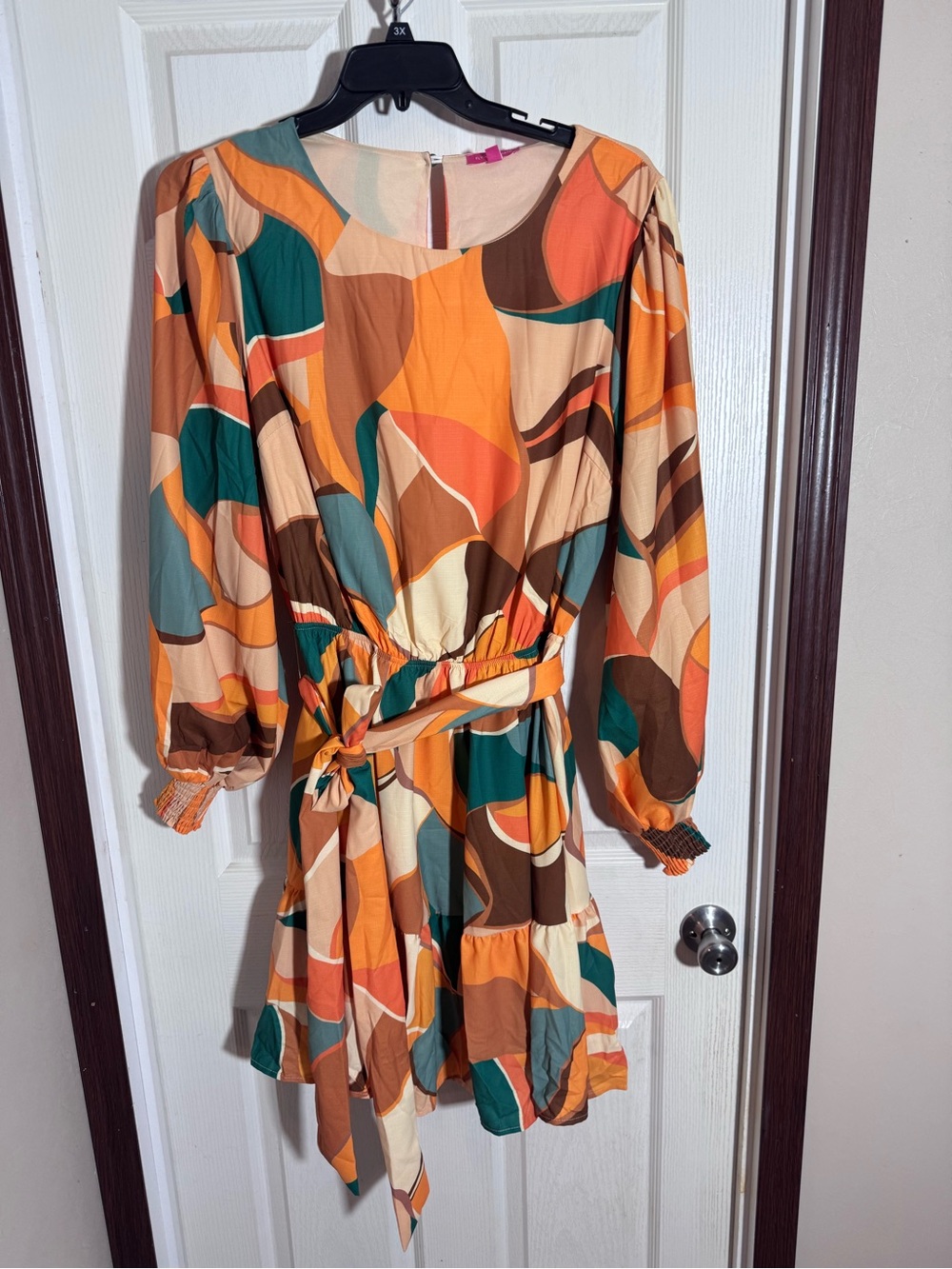 Flying Tomato Long Sleeve Abstract Tie-Waist Dress in Orange, Teal, Brown, Cream